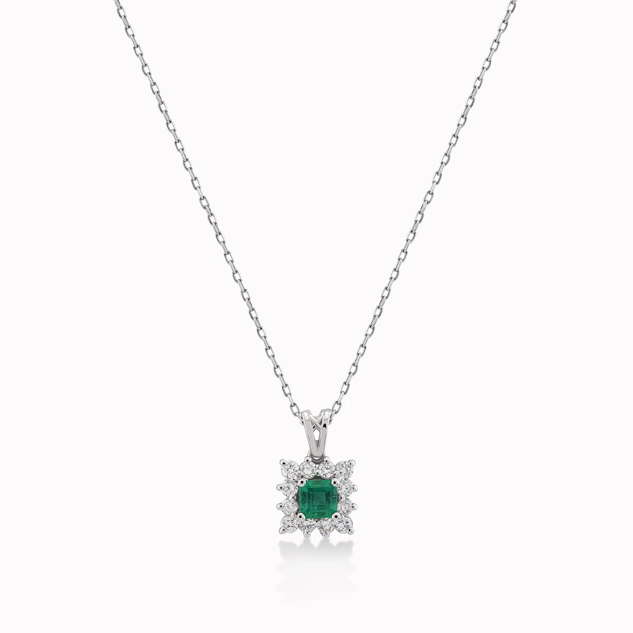 Lant cu Pandantiv Aur Alb 14K cu Diamante 0.35ct si Smarald 0.41ct