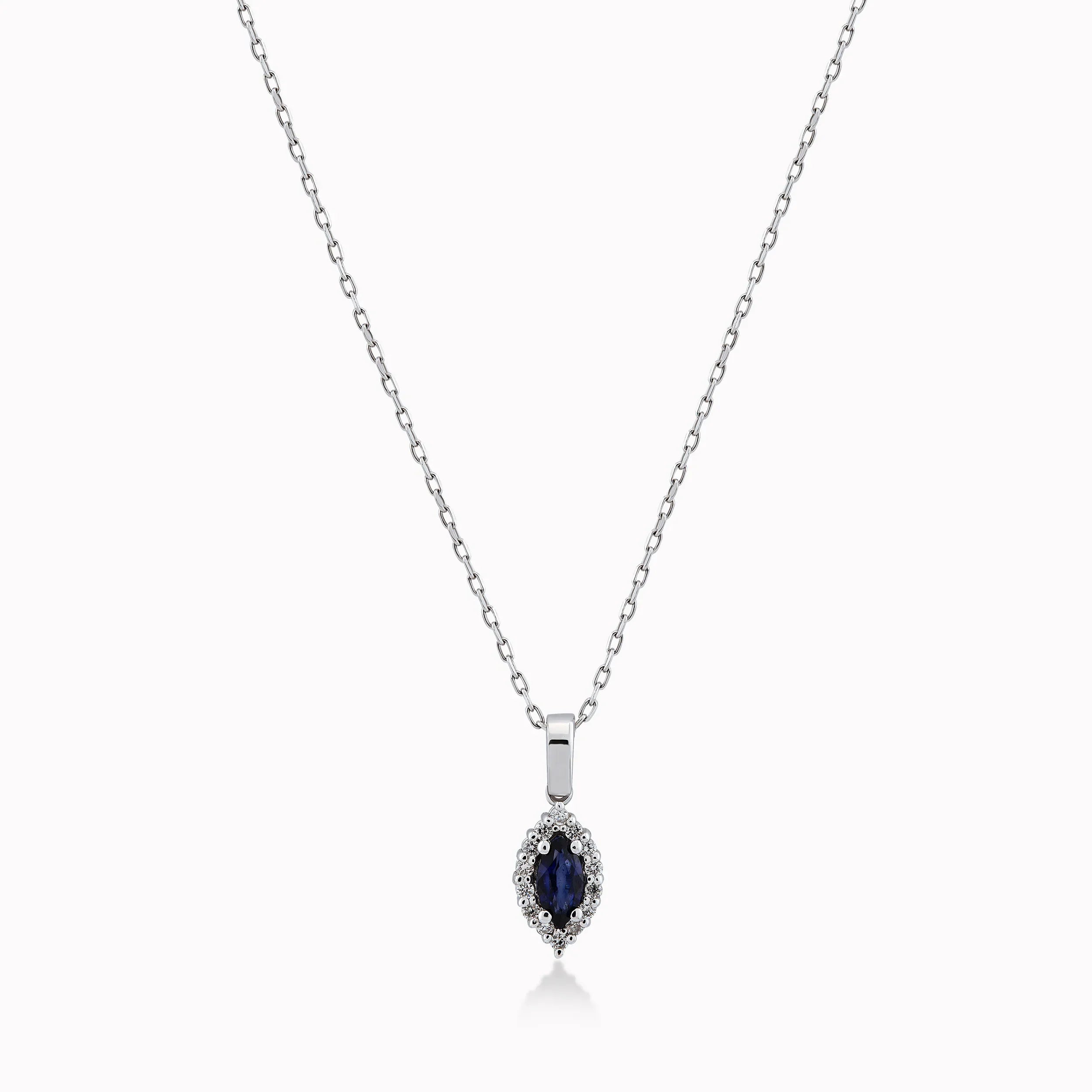 Lant cu Pandantiv Aur Alb 14K cu Diamante 0.13ct si Safir 0.19ct