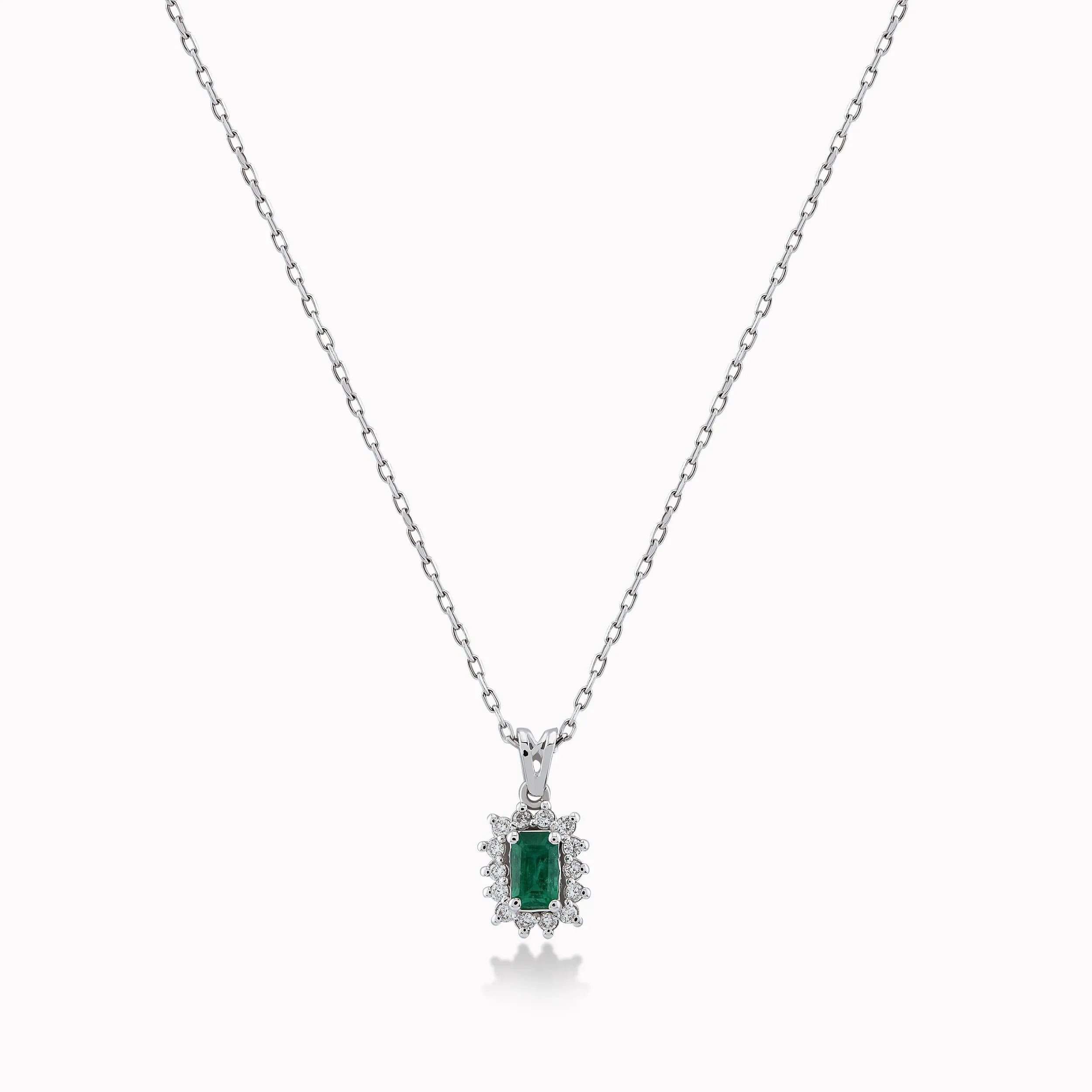 Lant cu Pandantiv Aur Alb 14K cu Diamante 0.11ct si Smarald 0.32ct