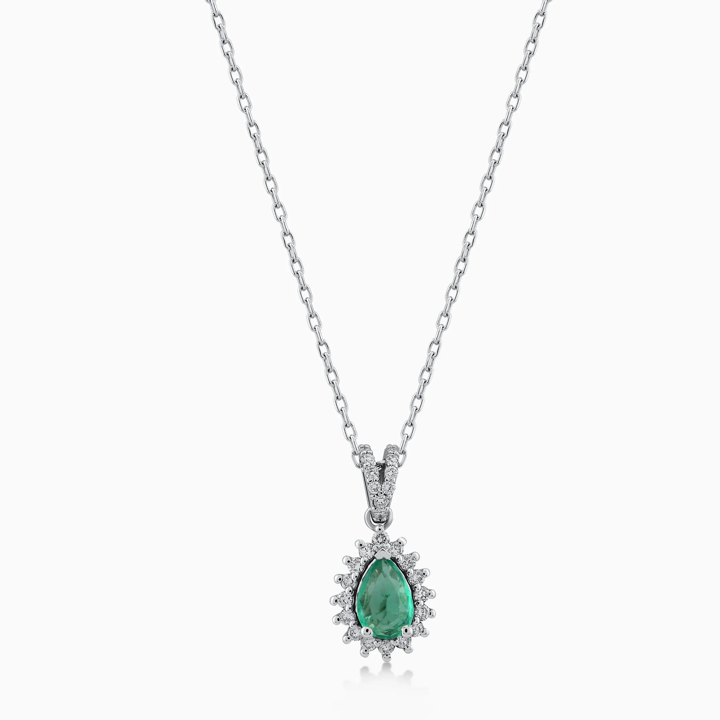 Lant cu Pandantiv Aur Alb 14K cu Diamante 0.19ct si Smarald 0.37ct