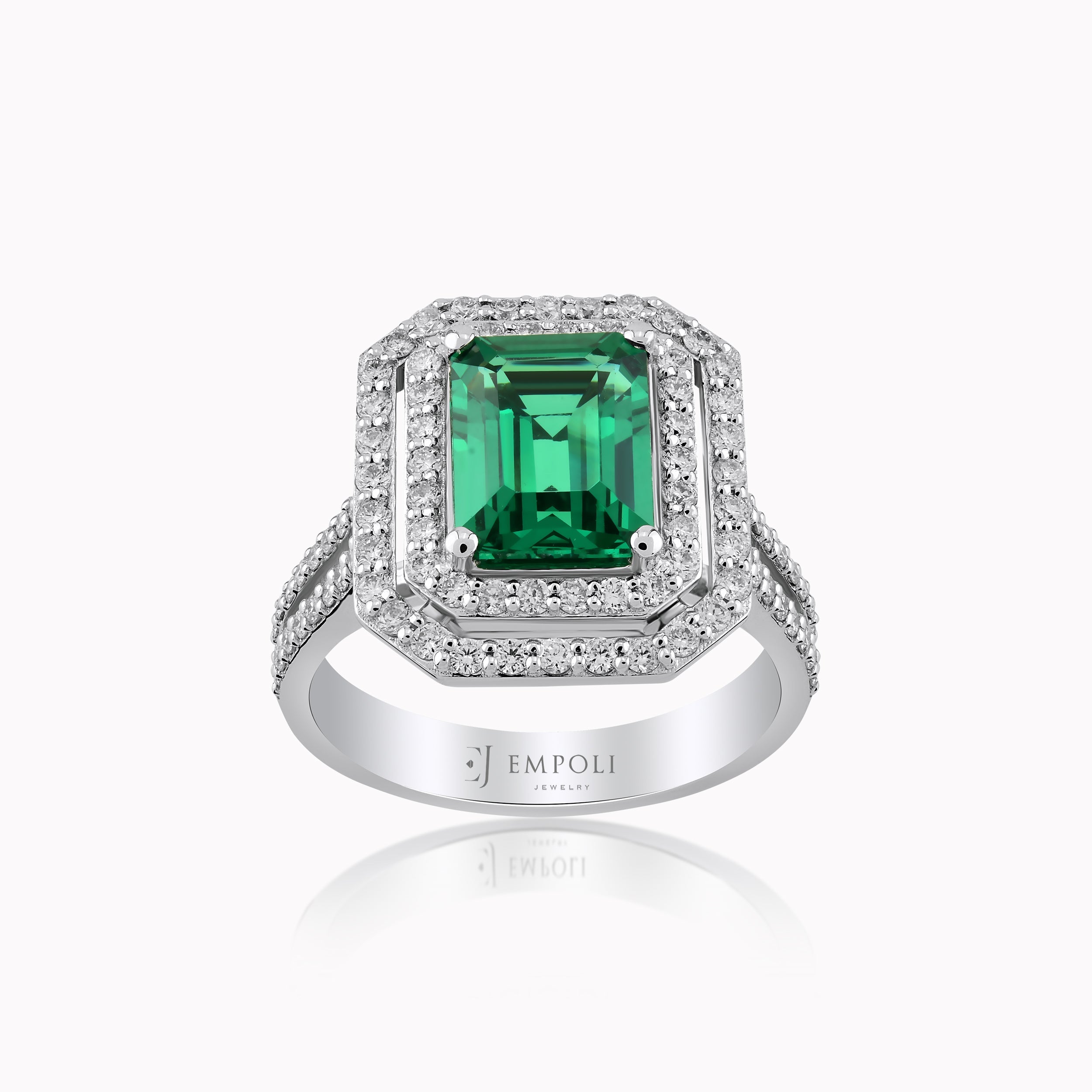 Inel Aur Alb 14K cu Diamante 0.78ct si Smarald 2.09ct