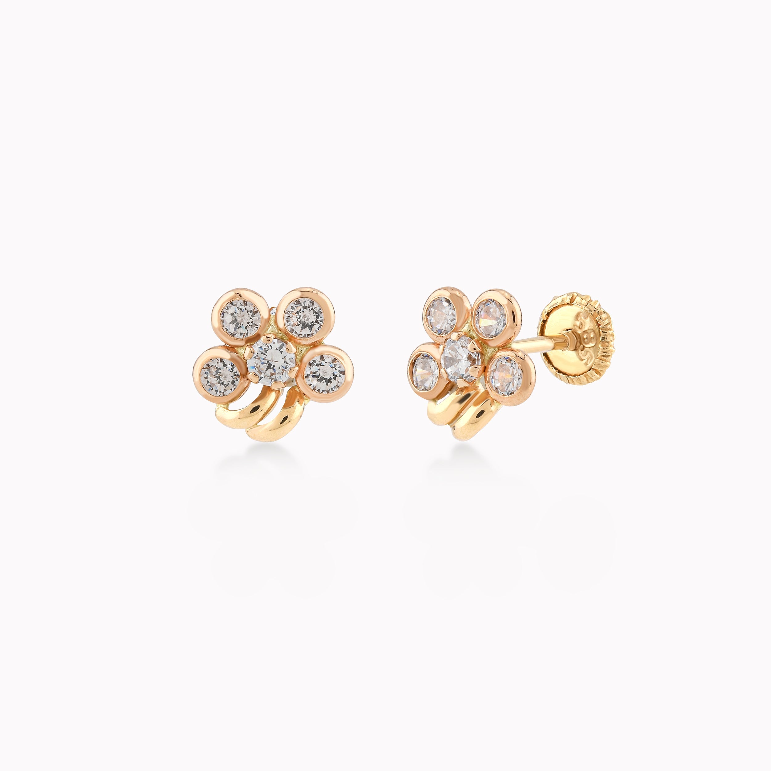 Cercei Aur Galben 14k Cu Zirconiu, Floare, Protectie 0.48gr