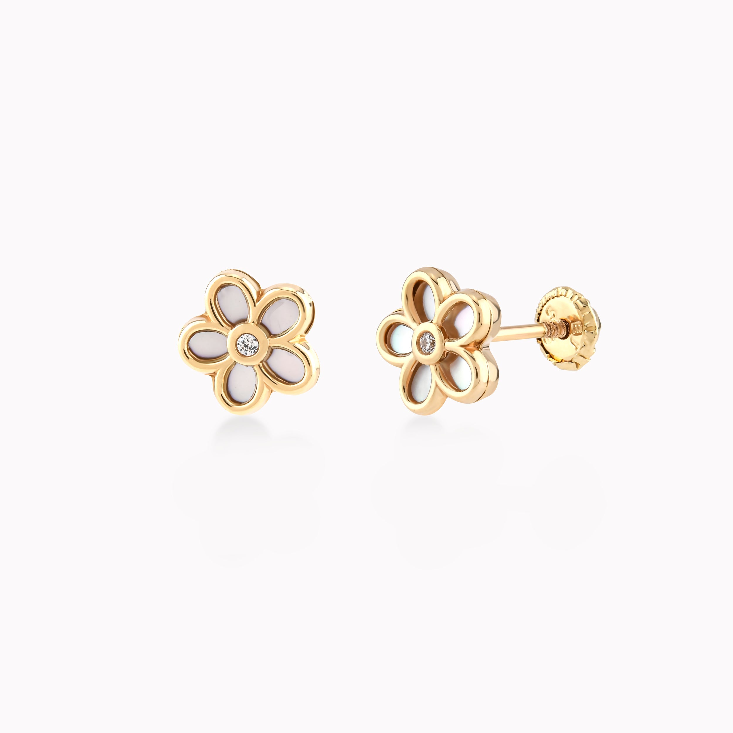 Cercei Aur Galben 14k Cu Zirconiu Si Sidef, Floare, Protectie 0.44gr