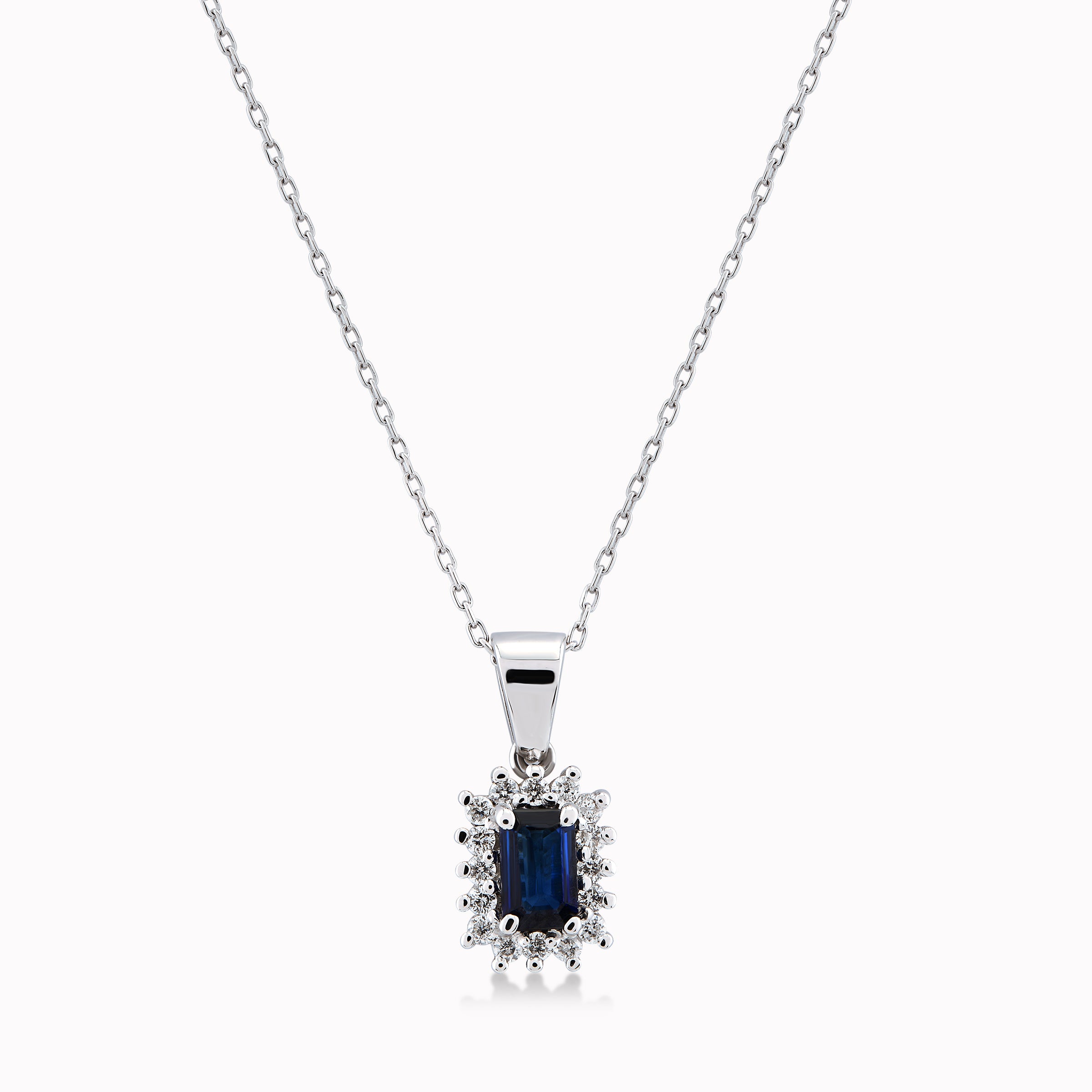 Lant cu Pandantiv Aur Alb 14K cu Diamante 0.13ct si Safir 0.20ct