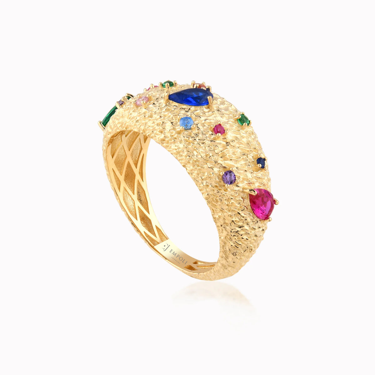 Inel din aur galben 14K cu zirconiu multicolor bombat texturat - detaliu