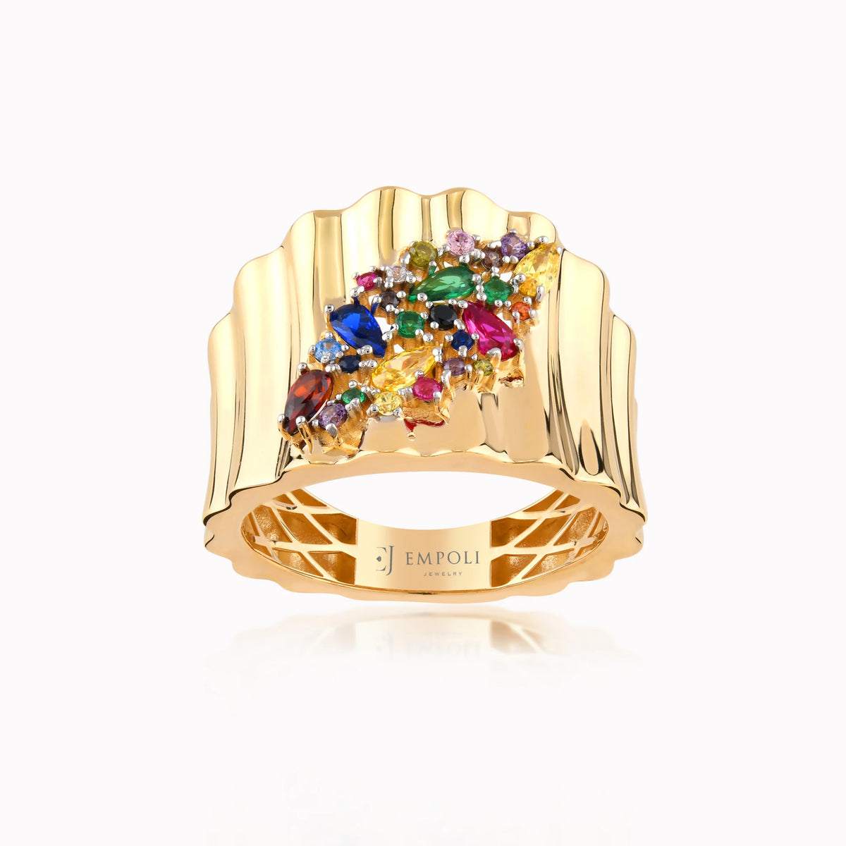 Inel din aur galben 14K cu zirconiu multicolor lat ondulat