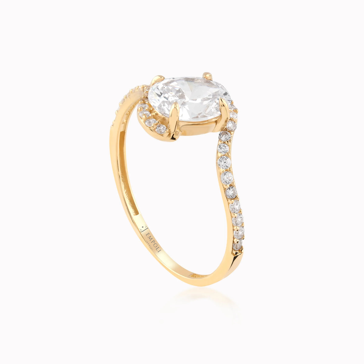 Inel din aur galben 14K cu zirconiu oval asimetric cu pave - detaliu
